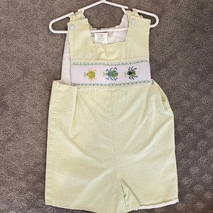 Shrimp and Grits 3T boys smocked shortall with snap bottoms